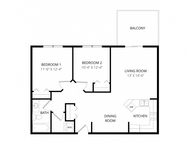 Floor plan for 2 beds, 1 bath, 918 sqft
